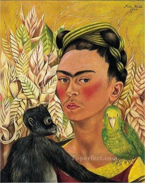 フリーダ・カーロ Painting - 猿とオウムの自画像 フェミニズム フリーダ・カーロ